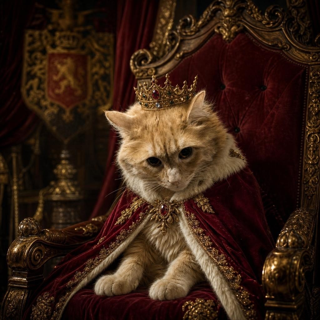 Кот в королевском одеянии на троне